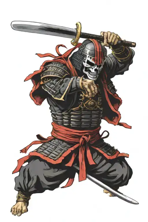Samurai with a skull face wearing black and red armour committing seppuku tattoo design idea