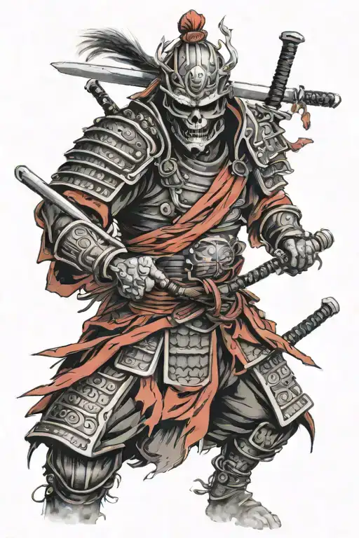 Samurai with a skull face wearing black and red armour carrying two swords with dark smoke trailing behind  tattoo design idea