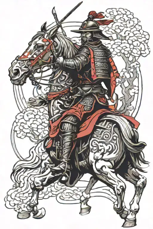 Samurai with a skull face wearing black and red armour riding a horse tattoo design idea