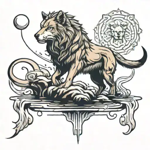 wolf walking on water reflecting angry lion  tattoo design idea