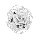 A delicate dotwork design featuring the names Ethan, Evelyn, and Adam intertwined with floral elements tattoo design idea