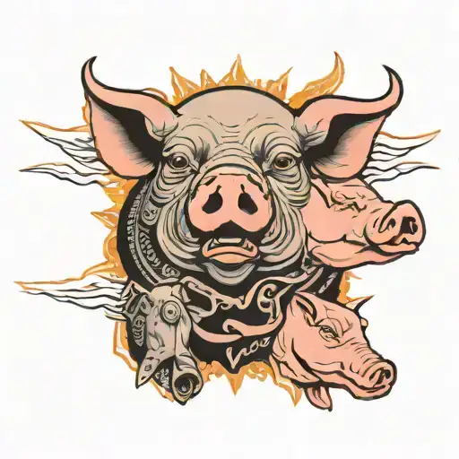 pig head surrounded by 5 black penises shooting sperm tattoo design idea