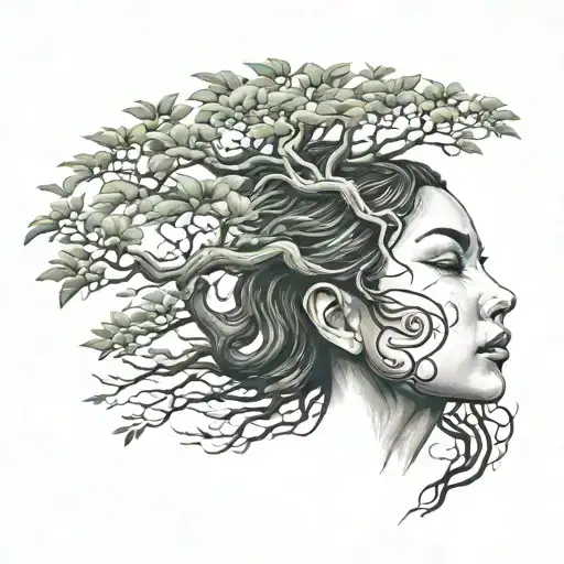 woman face growing bonsai tree  tattoo design idea