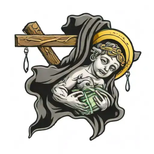 baby jesus with cross and money bag and stocks  tattoo design idea