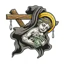 baby jesus with cross and money bag and stocks  tattoo design idea