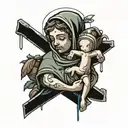 baby jesus with cross and money bag and stocks  tattoo design idea