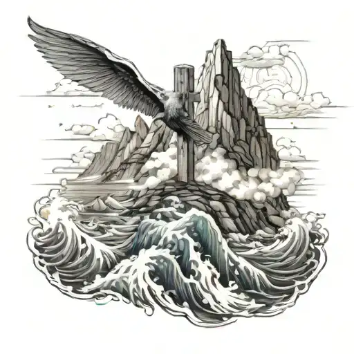 cross on a mountain over rough waters  tattoo design idea
