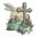 cross on a mountain over rough waters  tattoo design idea