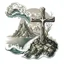 cross on a mountain over rough waters  tattoo design idea