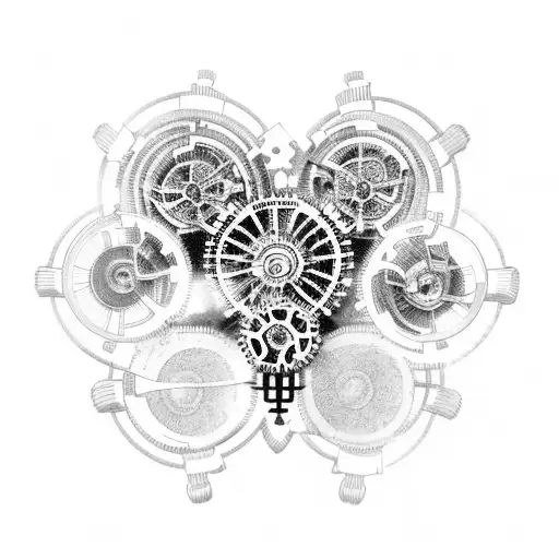 A mechanical heart with gears and cogs, inspired by Da Vinci's mechanical designs, pulsating to the rhythm of music tattoo design idea