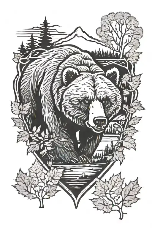 grizzly bear during autumn sunset on shield tattoo tattoo design idea