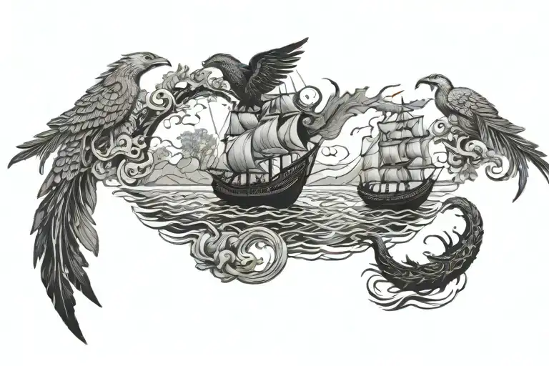 Charon’s Boat with Phoenix and Nature scene tattoo design idea