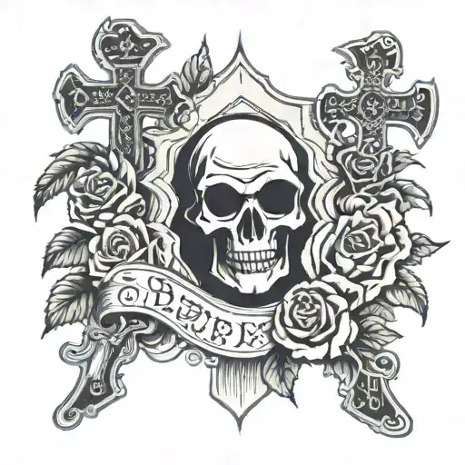 cross being held by grim reaper with roses and other patchwork pertaining to the bible's beasts and words tattoo design idea
