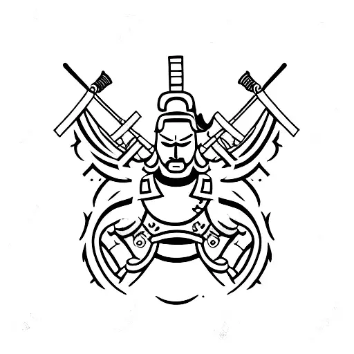 A minimalist tattoo of a samurai standing tall and strong, with two swords crossed behind them, symbolizing resilience and the never give up attitude. tattoo design idea
