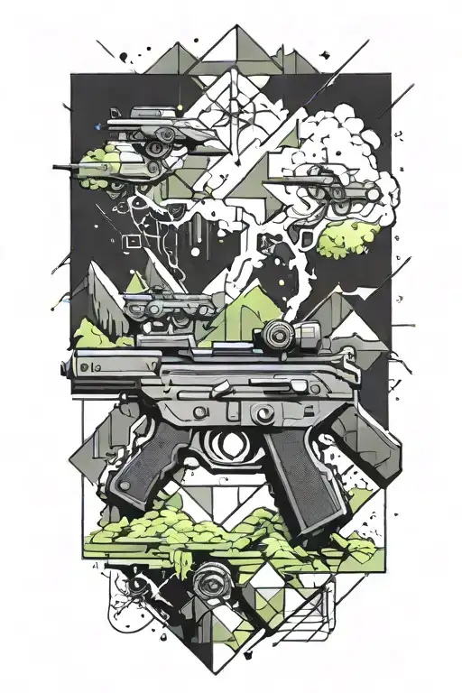 Create a geometric design featuring outdoor landscapes and guns intertwined with pixelated video game elements tattoo design idea
