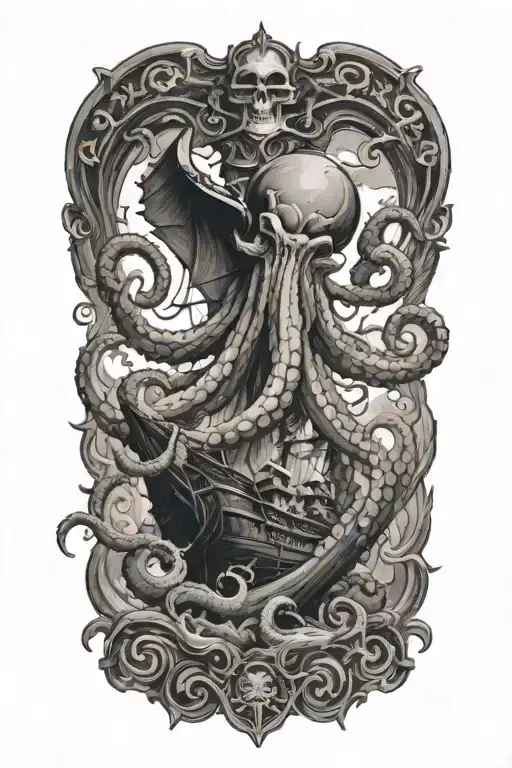 octopus, kraken battling a pirate ship tattoo design idea