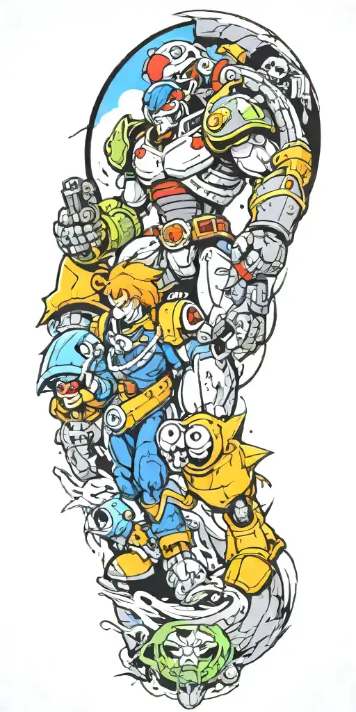 video game theme full sleeve horizon halo Mario earthworm Jim Metroid god of war hallow knight  tattoo design idea