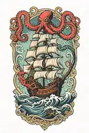 octopus, kraken battling a pirate ship tattoo design idea