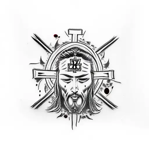 upside down christ cross with barbed wire and blood leaking from it tattoo design idea