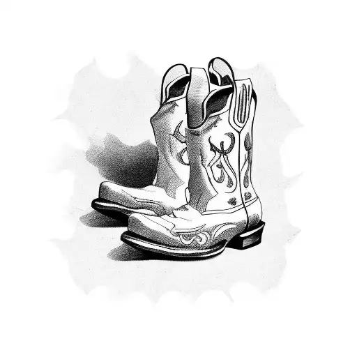 black and white shaded tattoo with a pair of cowboy boots beside a pair of small rubber boots on a old wooden floor tattoo design idea