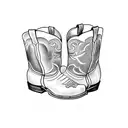 black and white shaded tattoo with a pair of cowboy boots. a pair of small rubber boots on a old wooden floor tattoo design idea