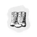 black and white shaded tattoo with a pair of cowboy boots. a pair of small rubber boots on a old wooden floor tattoo design idea
