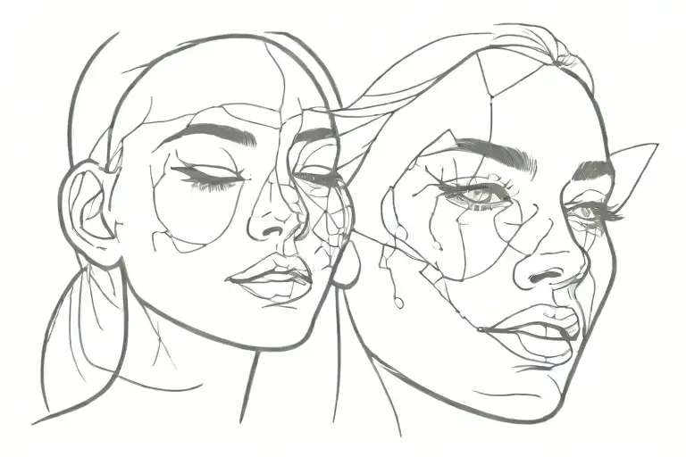 female face being pulled apart yet connected with one screaming face one normal face  tattoo design idea