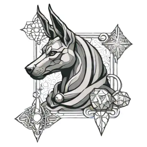 A modern interpretation of Anubis as a Libra symbol, with dice and heart accents tattoo design idea