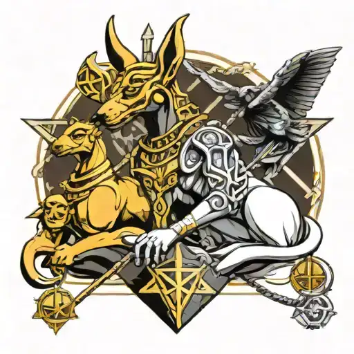 Libra, heart, dice, anubis holding egyptian cross tattoo design idea