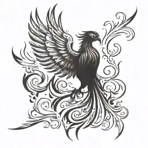 A phoenix rising from flames with a music note and a paintbrush tattoo design idea