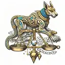 Libra, heart, dice, anubis holding the balance tattoo design idea