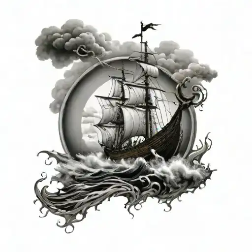 A Viking ship sailing through a stormy sea with gaming elements incorporated tattoo design idea
