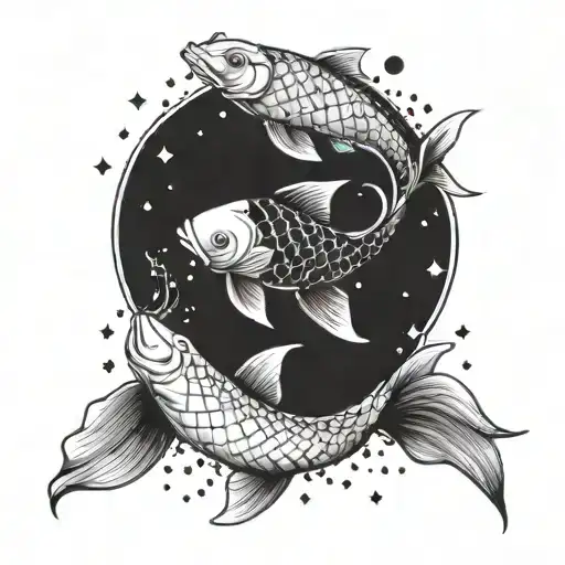 koi yin yang fish with the constellation of pisis destonel black fish white stars and inside the black fish white tattoo design idea