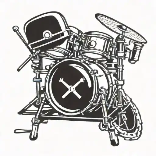 A tattoo design featuring a drum set intertwined with gaming controllers and a soldier's helmet, symbolizing the client's passion for drums, gaming, and their occupation as a soldier tattoo design idea
