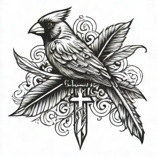 cross with a cardinal bird feather wrapped around it tattoo design idea