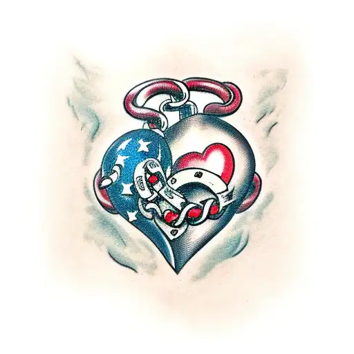heart with face and arms and legs dragging a ball and chain tattoo design idea