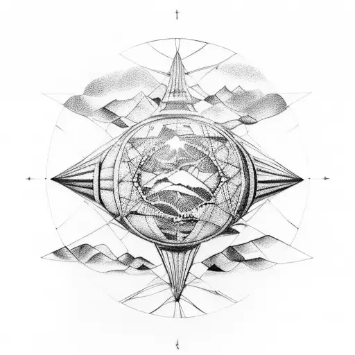 je veux un tatouage de voyage en point avec les coordonnées GPS du piton des neiges, une montgolfière et une feuille d'é tattoo design idea