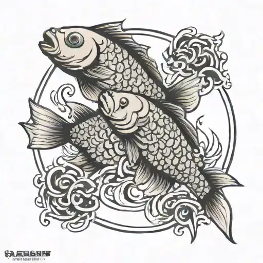 2 karp fish swimming in a circle with chinese symbol in the middle  tattoo design idea