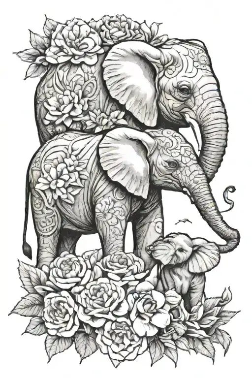 baby elephant and baby giraffe surrounded by carnation, snowdrop, rose, honeysuckle, peony, and chrysanthemum flowers tattoo design idea
