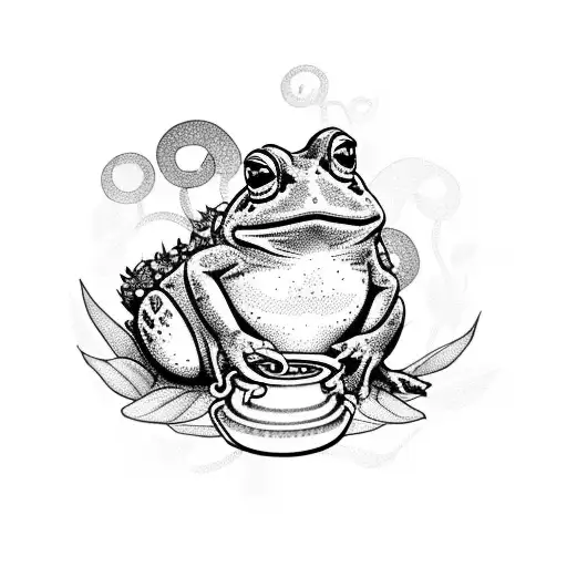 Toad in an urn with foliage and crystals tattoo design idea