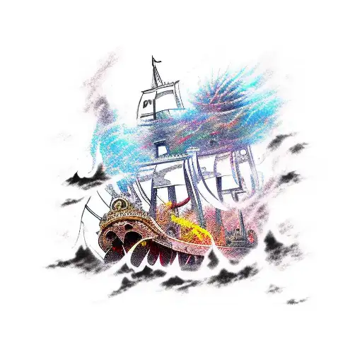 A dynamic scene featuring the main characters from One Piece, Bleach, Tokyo Ghoul, and Demon Slayer, engaging in an epic battle on a pirate ship. tattoo design idea
