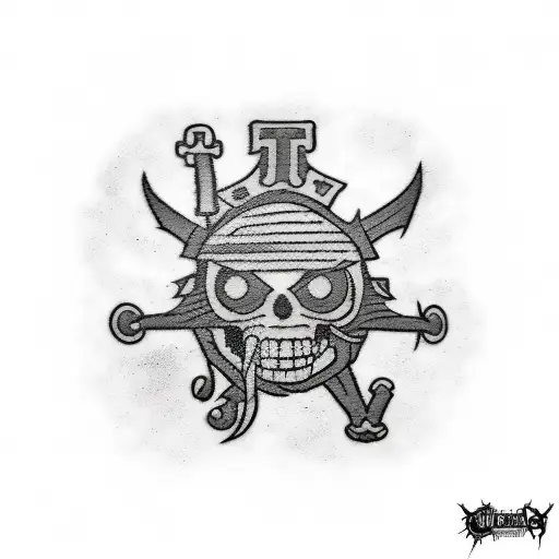 A new-school tattoo design showcasing a mashup of iconic symbols and characters from One Piece, Bleach, Tokyo Ghoul, and Demon Slayer, forming a unique pirate flag. tattoo design idea