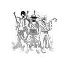 A dynamic scene featuring the main characters from One Piece, Bleach, Tokyo Ghoul, and Demon Slayer, engaging in an epic battle on a pirate ship. tattoo design idea