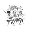 A dynamic scene featuring the main characters from One Piece, Bleach, Tokyo Ghoul, and Demon Slayer, engaging in an epic battle on a pirate ship. tattoo design idea