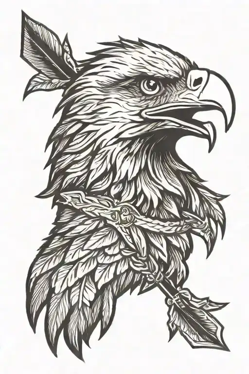 a head of an eagle with feathers and an arrow tattoo design idea