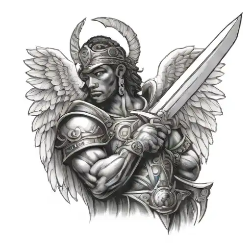 African Warrior Angel holding sword tattoo design idea