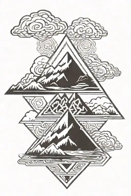 Mountains, snow, storm clouds, valknut, celtic knotwork, minimalist, tribal, geometric, river tattoo design idea