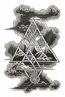 Mountains, snow, storm clouds, lightning, valknut, celtic knotwork, river tattoo design idea