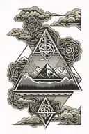 Mountains, snow, storm clouds, lightning, valknut, celtic knotwork, river tattoo design idea