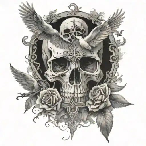 cross and skull and moon and all seeing eye and doves tattoo design idea